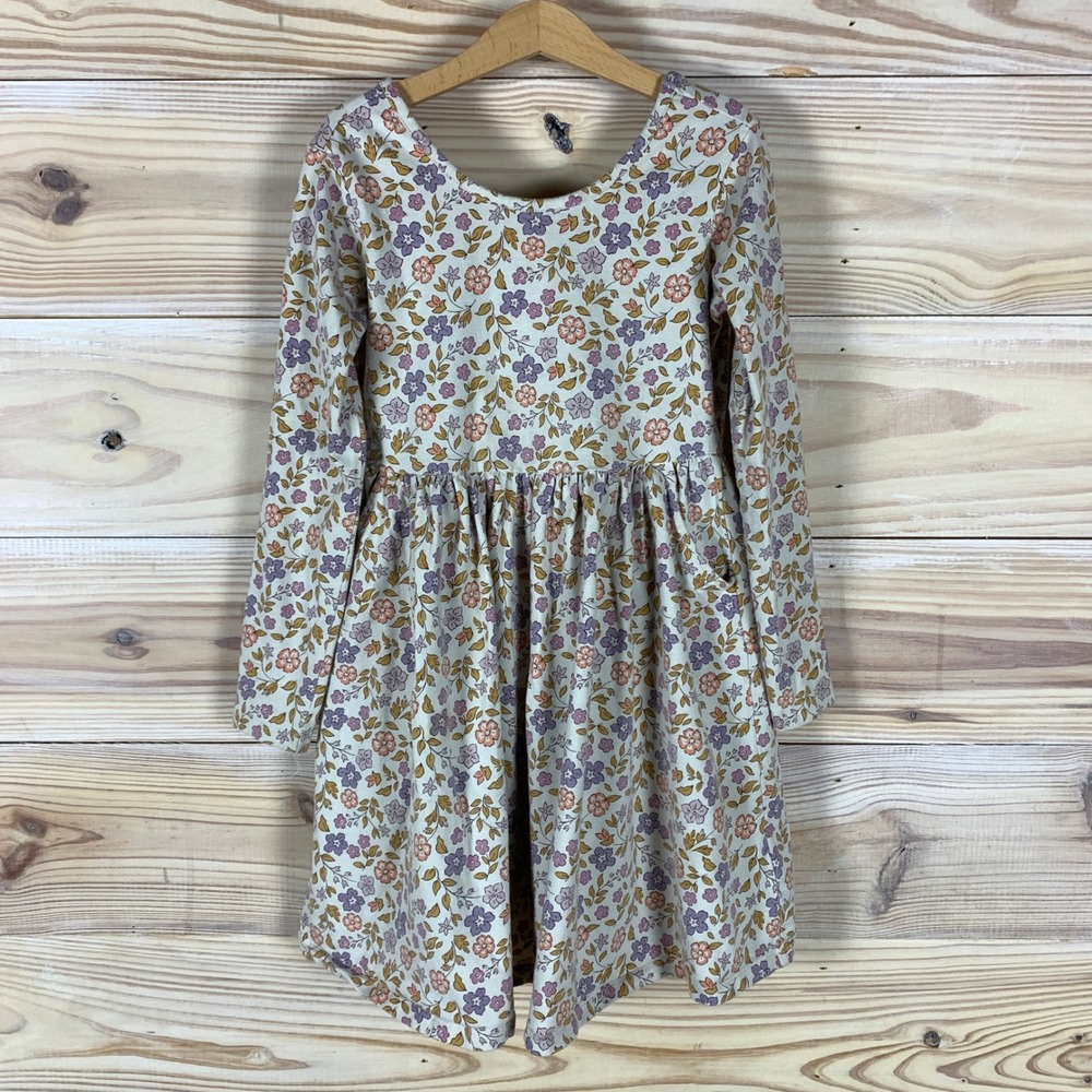 Quince Dress Girls 8 Cream Floral Long Sleeve Organic Cotton Skater Boho